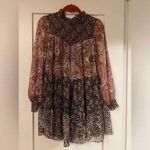 EUC Zara smocked long-sleeve, high-neck, sheer baby doll dress with slip.